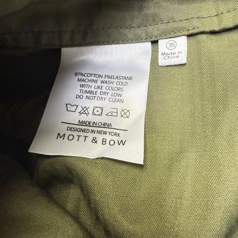 Mott and Bow The Twill Chino Charles Olive Green Pants Mens 35X30 Office Trouser